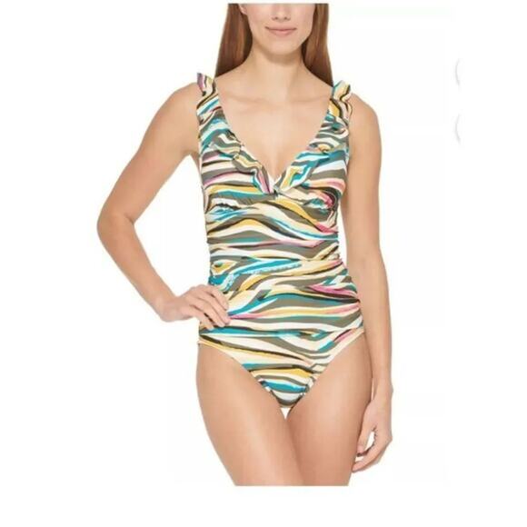 DKNY Printed Ruffled Tummy Control One Piece Swimsuit US 6 - Picture 1 of 9